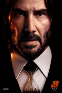 plakat filmu John Wick, mężczyzna w białej koszuli, zamiast krawatu ma klepsydrę